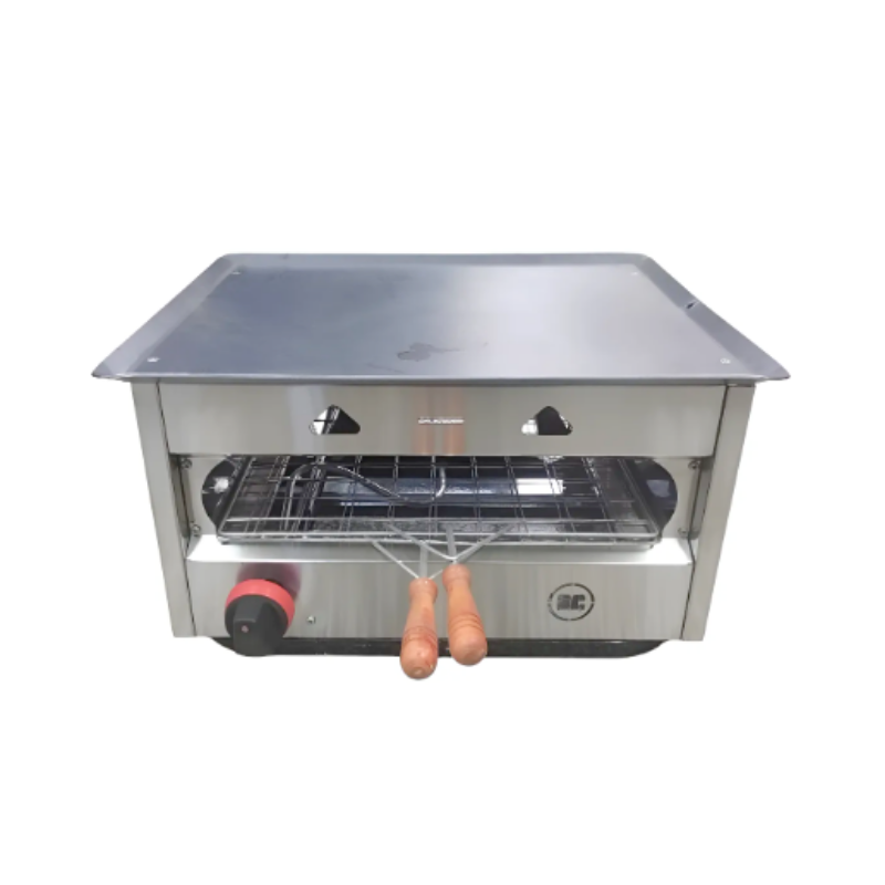 Tostador simple GC
"• Gabinete: Acero inoxidable AISI 430.
• Pinzas: 1 Metálicas de 48 X 34 cm.
• Mangos: Anti quemaduras.
• Guías: Acero inoxidable.
• Comandos: 1.
• Plancha: Chapón liso.
• Quemadores: Superiores Tubulares.
• Funcionamiento: A gas.
• Robinetes: 1.
• Conexión: 1/2 pulgada.
" Ancho: 47 cm Alto: 28 cm Profundidad: 41 cm