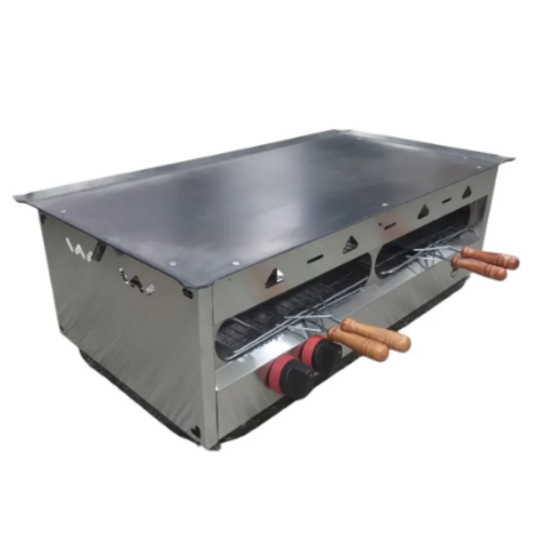 Tostador doble GC
"• Gabinete: Acero inoxidable AISI 430.
• Pinzas: 1 Metálicas de 48 X 34 cm.
• Mangos: Anti quemaduras.
• Guías: Acero inoxidable.
• Plancha lisa.
• Quemadores tubulares.
• Robinetes: 2.
• Conexión: 1/2 pulgada.
"Ancho: 80 cm Alto: 28 cm Profundidad: 41 cm