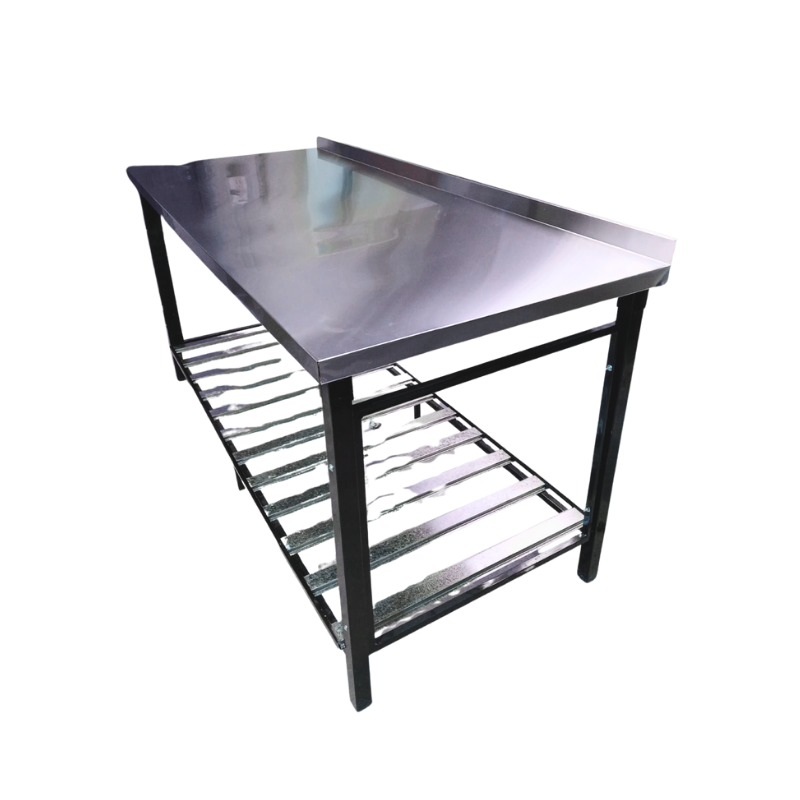 Mesa trabajo acero
"•Material mesada: acero inoxidable - 
•base caño pintado epoxi (40x40 y 20x20)
•1 Estante"
Ancho: 1.505 mts Alto: 90 cm Profundidad: 80 cm