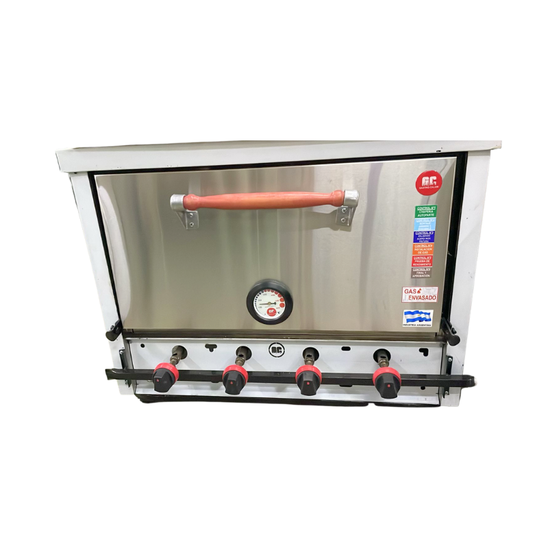 Horno 6 M pastelero GC
"• Exterior acero inoxidable.
• Termómetro analógico
• Base de apoyo Reforzada desmontable
• quemadores tubulares
• 4 llave de comando industrial de bronce con perilla de baquelita
• Interior cubierto ladrillos refractarios. (Pico, techo, laterales y respaldo
• 3 estantes movibles de Hierro
• Medida con base 1,40 cm
" Ancho: 84 cm Alto:  70 cm Profundidad: 45 cm