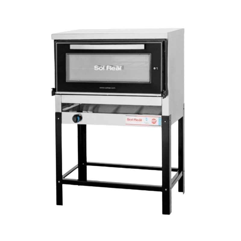 Horno 6 M visor con calienta plato gratinador Sol Real 
•Puerta doble vidrio templado, bisagras y pirómetro
•Gabinete 100% acero esmerilado
• Interior enlozado
• Piso con tejuelas refractarias
• 3 Rejillas extraibles 70 x 37cm
• 5 velas  - 1 Válvula
• Aislación lana mineral
• Base desarmable
"Ancho: 84 cm Alto: 1.22 cm Profundidad: 45 cm 