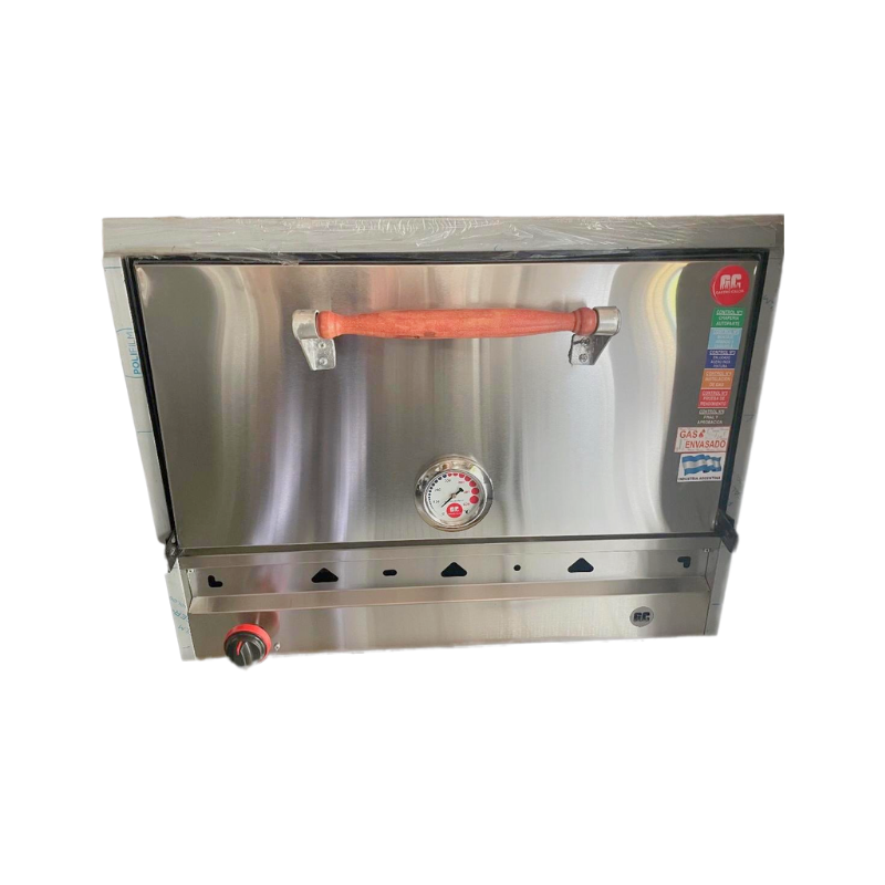 Horno 6 Moldes GC
"• Exterior acero inoxidable.
• Frente Puerta de acero Inoxidable.
• Termómetro analógico
• Base de apoyo Reforzada desmontable
• 2 quemadores tubulares
• 1 llave de comando industrial de bronce con perilla de baquelita
• Piso de ladrillos refractarios.
• 3 estantes movibles de Hierro
• Medida con base 1,32 mts
"Ancho: 80 cm Alto: 62.5 cm  Profundidad: 41 cm