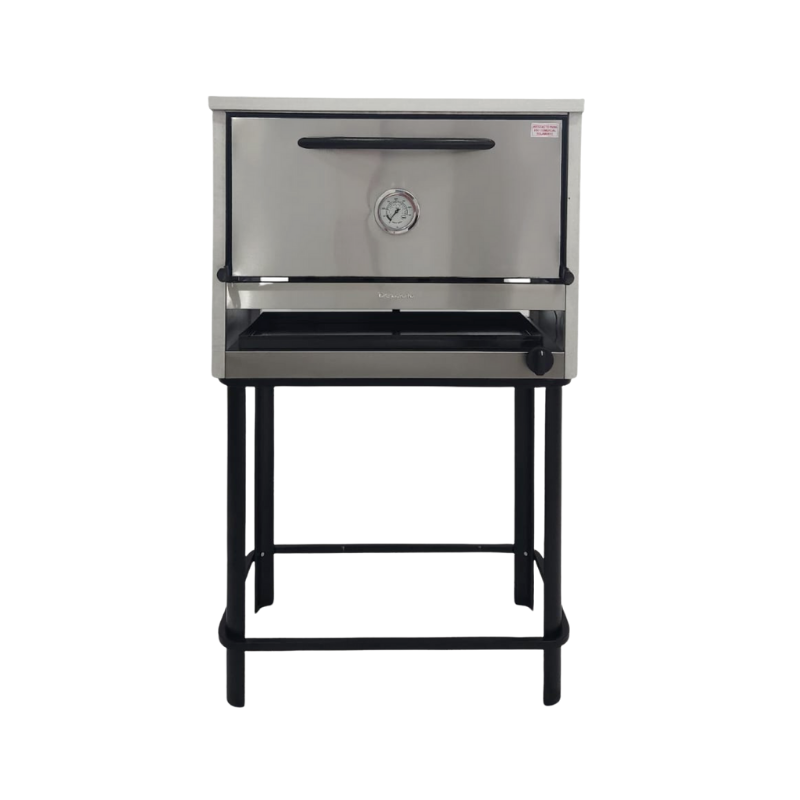 "•Puerta desmontable con manija, bisagras y pirómetro
•Gabinete: acero esmerilado
• Interior enlozado
• Piso con tejuelas refractarias
• 3 Rejillas extraíbles 
• 1 Válvula
• Aislación lana mineral
• Base desarmable
"Ancho: 82 cm Alto: 60 cm Profundidad: 55 cm