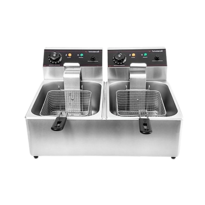 Freidora eléctrica TB FR6V2
"• 2 Tanquea 
• Capacidad 6 + 6 lts
• Acero inoxidable
• Protector por sobrecalentamiento
• 2 Canasto freidor 17 x 10 x 19 cm
• Temperatura regulable hasta 200°
• Indicador de encendido
• Tapa protectora.
"  Ancho: 53.5 cm Alto: 29 cm Profundidad: 42.5 cm