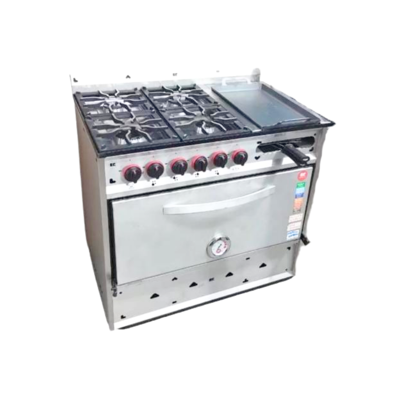 Cocina 4 y plancha con tost ciega Gastro Calor rejilla fundición aluminio
"• Revestimiento de Acero Inoxidable 
• Rejillas de Fundición Individuales
• Bandeja Antiderrame de Acero inox
• Quemadores de Fundición de Aluminio
• Horno con piso de ladrillos refractarios
• 2 Estantes Movibles
• Pirómetro Analógico
• Manija de Aluminio
• Válvula de Seguridad (Horno)
• PLANCHA de 48x28 cm
"Ancho: 90cm Alto: 87 cm Profundidad: 59 cm