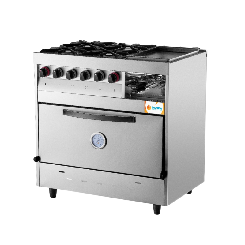 Cocina 4 y plancha con tost rejilla fundición Danda
"• Acero inoxidable frente.
• Laterales exterior cincalum.
• Interior cincalum.
• Bandeja antiderrame desmontable.
• Horno con piso ladrillo refractario.
• Rejilla fundición.
• Pinza 36 x 23 cm.
• Plancha bífera lisa 3 mm de espesor 25 x 45 cm
" Ancho: 86 cm Alto:  81 cm Profundidad: 56 cm