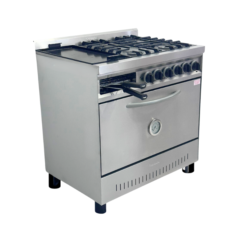 Cocina 4 plancha c/tost ciega  Delizia Rej fundición Depaolo
"• Acero inoxidable.
• Laterales exterior cincalum.
• Pirómetro.
• Horno con piso ladrillo refractario.
• Interior enlozado.
• Rejilla fundición.
• 2 estantes móviles.
• Válvula seguridad en horno.
• Plancha bífera lisa.
• 1 Pinza tostador.
" Ancho: 90 cm Alto: 84 cm Profundidad: 65 cm