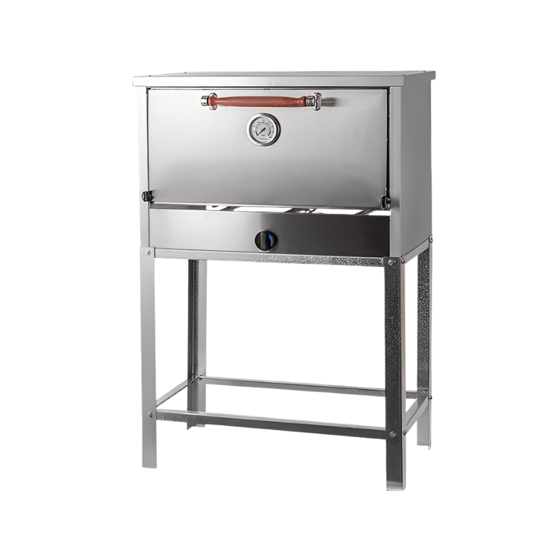 Horno 6 moldes Danda
"• Frente acero inoxidable, laterales y techo cincalum
• Interior cincalum, puerta enlozada.
• Puerta, laterales y techo aislada con lana mineral
• Piso de tejuelas refractarias
• Válvula de seguridad
• 4 quemadores tubulares 7/8x1.2mm
• Base, desarmable reforzada
"Ancho: 85  cm Alto: 1.24 cm Profundidad: 45 cm