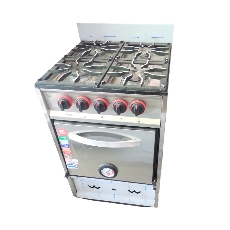 Cocina 4 hornallas Gastro calor Rejillas fundición de aluminio
"• Acero esmerilado.
• Rejilla fundición aluminio
• Horno con piso ladrillo refractario.
• 2 estantes móviles.
• Pirómetro analógico.
• manija aluminio.
• Válvula seguridad en horno.
"Ancho: 60 cm Alto: 87 cm  Profundidad: 59 cm