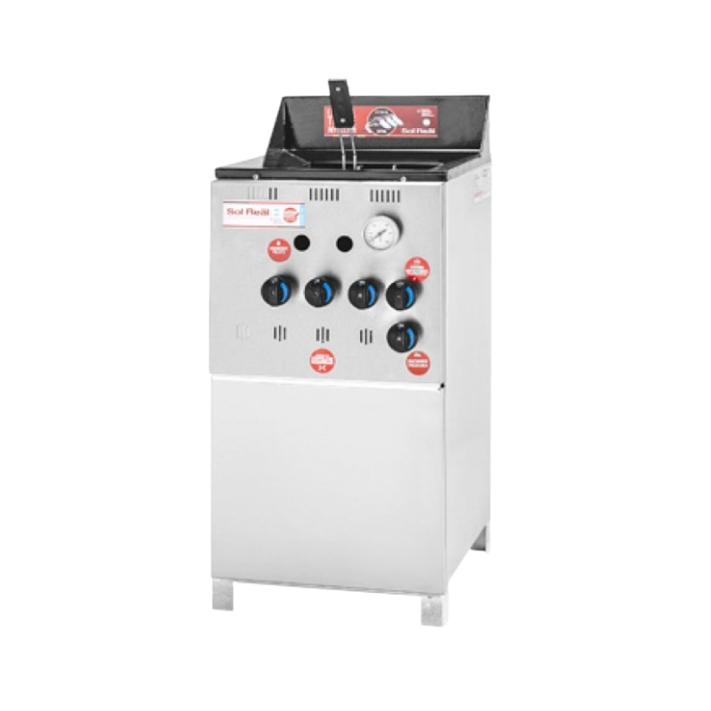 Freidor 18 Lts Sol Real
"• Gabinete 100% acero inoxidable.
• Puerta inferior desmontable.
• Tacho enlozado.
• 1 Canasto acero inox 24 x 24 x 12cm.
• 9 inyectores con comandos individuales
• 1 Piloto.
• 1 Válvula seguridad.
• Desague llave esférica de bronce
" Ancho: 45 cm Alto: 96 cm Profundidad: 60 cm
