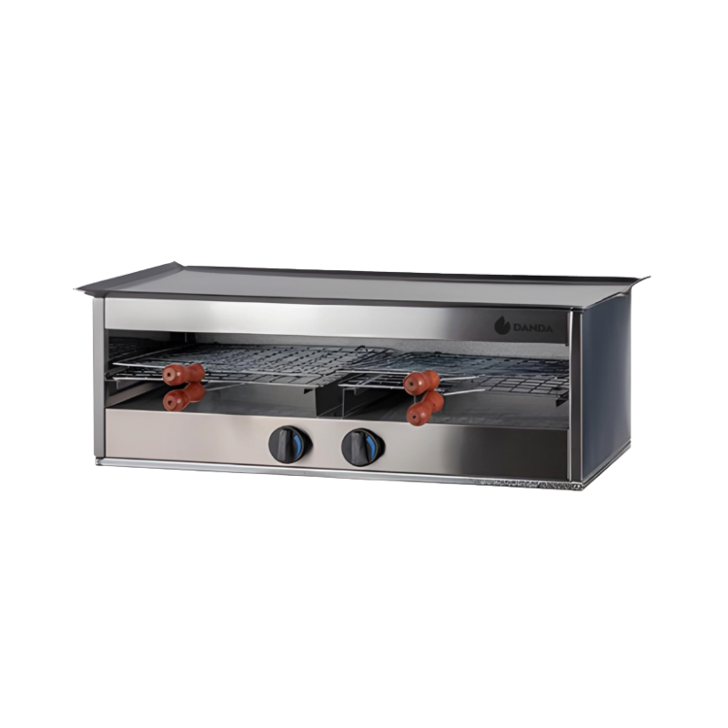 Tostador doble Danda
• Gabinete: Acero inoxidable AISI 430.
• Pinzas: 2 Metálicas de 36 cm X 36 cm.
• Perilla plástico alta resistencia
• Plancha lisa hierro 3 mm.
Medidas: 86 cm Ancho- 29 cm alto - 43 cm Profundidad