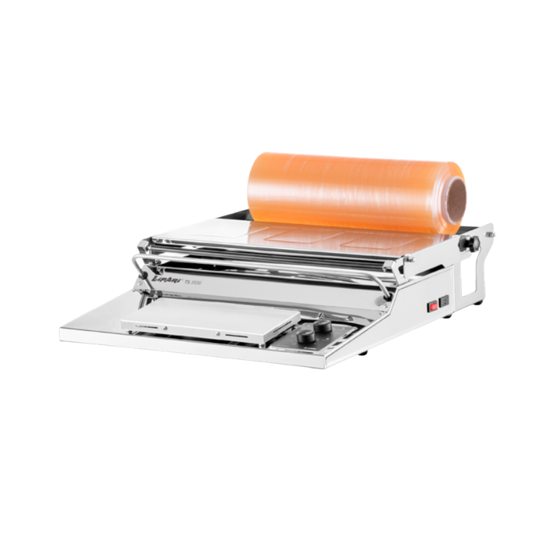 Termoselladora TS3500
• Gabinete acero inoxidable
• Apta para trabajar con 4 medidas de film 25, 30, 38 y 45 cm 
• Perilla de freno para regular la tensión del film
• Led indicador  de funcionamiento
Medidas: 50 cm x 14 cm x 65 cm.