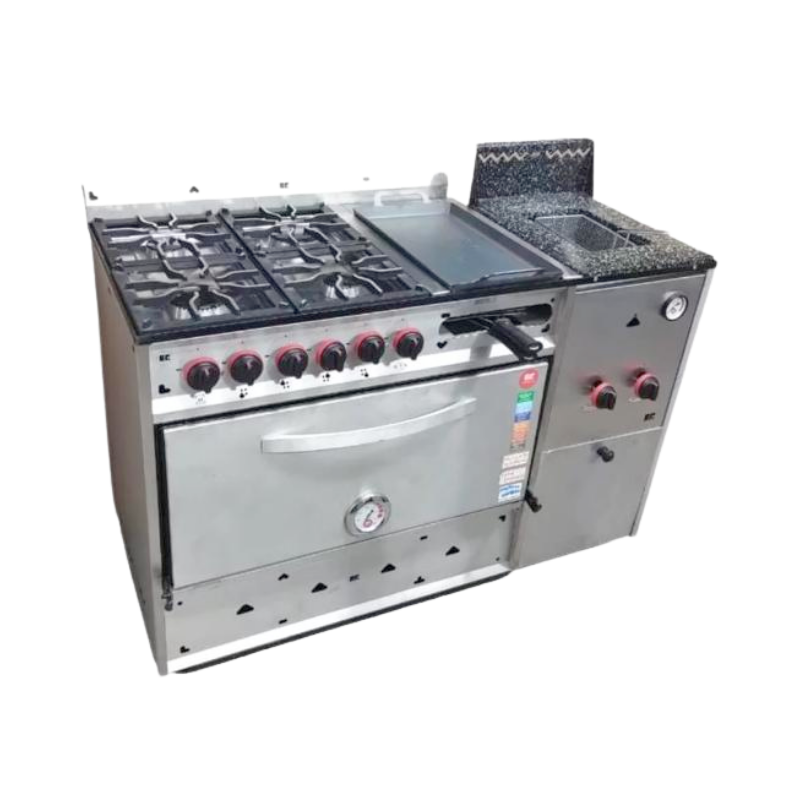 Cocina 4 hornallas, plancha bifera, tostador y freidor 10 lts Gastro calor
• Revestimiento de Acero Inoxidable 
• Rejillas de Fundición Individuales
• Bandeja Antiderrame de Acero inox
• Quemadores de Fundición de Aluminio
• Horno con piso de ladrillos refractarios
• 2 Estantes Movibles
• Pirómetro Analógico
• Manija de Aluminio
• Válvula de Seguridad (Horno)
• PLANCHA de 48x28 cm
• Freidora 10 lts
