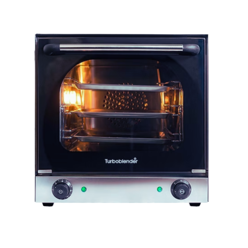 Horno convector TB-HCON 3 TURBOBLENDER
•Exterior en acero inoxidable
•Puerta con doble vidrio templado esmaltado
• Función de circulación x aire caliente
• 3 Bandejas 31,8 cm x 26,6 cm
• Control doble temperatura de 50° a 300°C
• Timer Programable hasta 120´
• Medidas Internas: 350mm x 320mm x 300mm  (AnchoXProfundoXAlto)