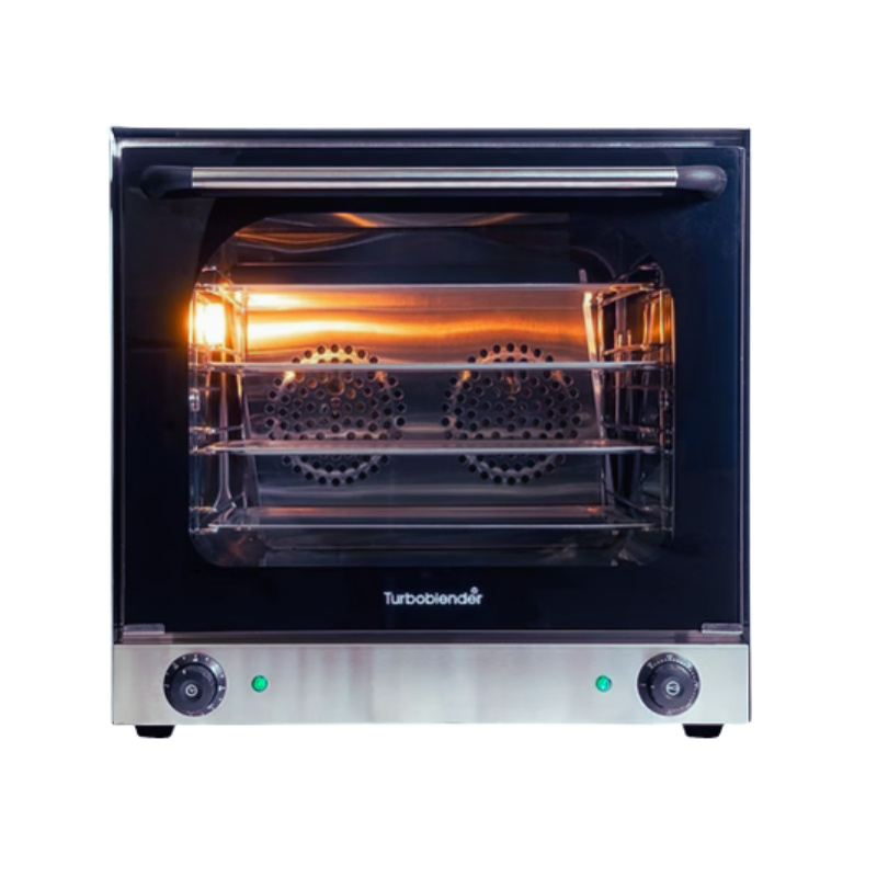 Horno convector TB-HCON 4 TURBOBLENDER
•Exterior en acero inoxidable
•Puerta con doble vidrio templado esmaltado
• Doble forzador
• 4 Bandejas 43,5 cm x 31,7 cm
• Control doble temperatura de 50° a 300°C
• Timer Programable hasta 120´
• Medidas Internas: 455mm x 360mm x 365mm (Ancho x profundo x Alto)