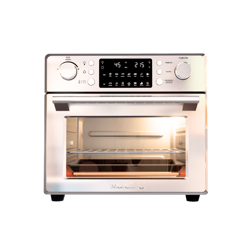 Horno Airfryer Bari 
• 25 Litros de capacidad
• Modos de Cocción: 14
• 7 Funciones de Air Fryer
• 7 Funciones de Horno
• Display digital
• Temporizador con alarma
• Luz interior
• Canasto rotativo
• Accesorios para Spiedo
• Cuerpo de Acero Inoxidable
• Doble vidrio templado
• Potencia: 1800 w

