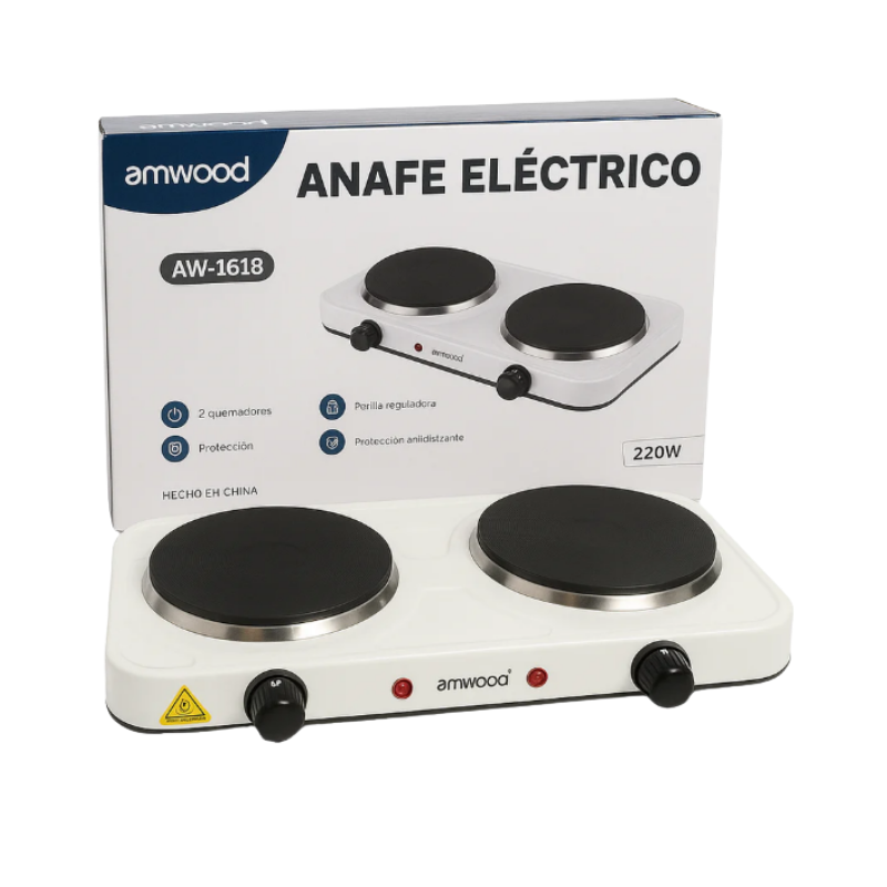 Anafe 2 Hornallas eléctrico AMWOOD
.Termostato automático
. Regulación de temperatura individual por hornalla. 
. 2 Placas calentadoras de 155mm. de diámetro 
. Diseño elegante, compacto y portátil. 
. Muy fácil limpieza 
. Indicador luminoso de encendido
