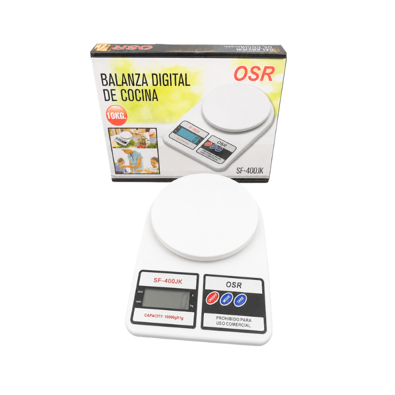 Balanza OSR Digital.
"Marca: OSR
Tipo: Balanza digital de cocina
Color: Blanco
Capacidad mínima: 1 g
Capacidad máxima: 10 kg
Sensibilidad: 1 g
Función: Tara
Superficie de pesaje: 14,5 cm"