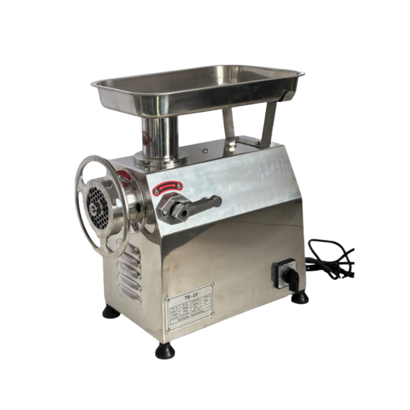 Picadora de carne calibre 22.
• Construida 100% en acero inoxidable
• Transmisión a caja de engranajes
• Potencia: 1.5hp 50/60hz
• Incluye 2 cuchillas y 2 discos autoafilables 
• Producción: 220kg/h
• Medidas: 420x235x450mm
• Peso: 30kg
